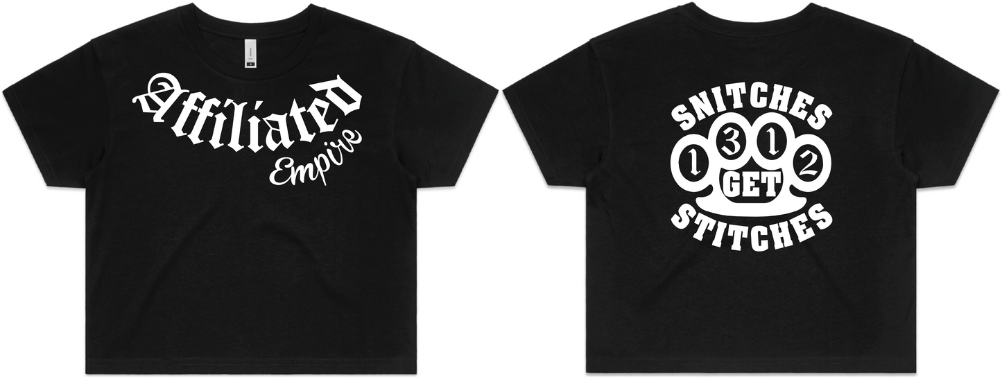 women’s “Snitches get stitches” crop top