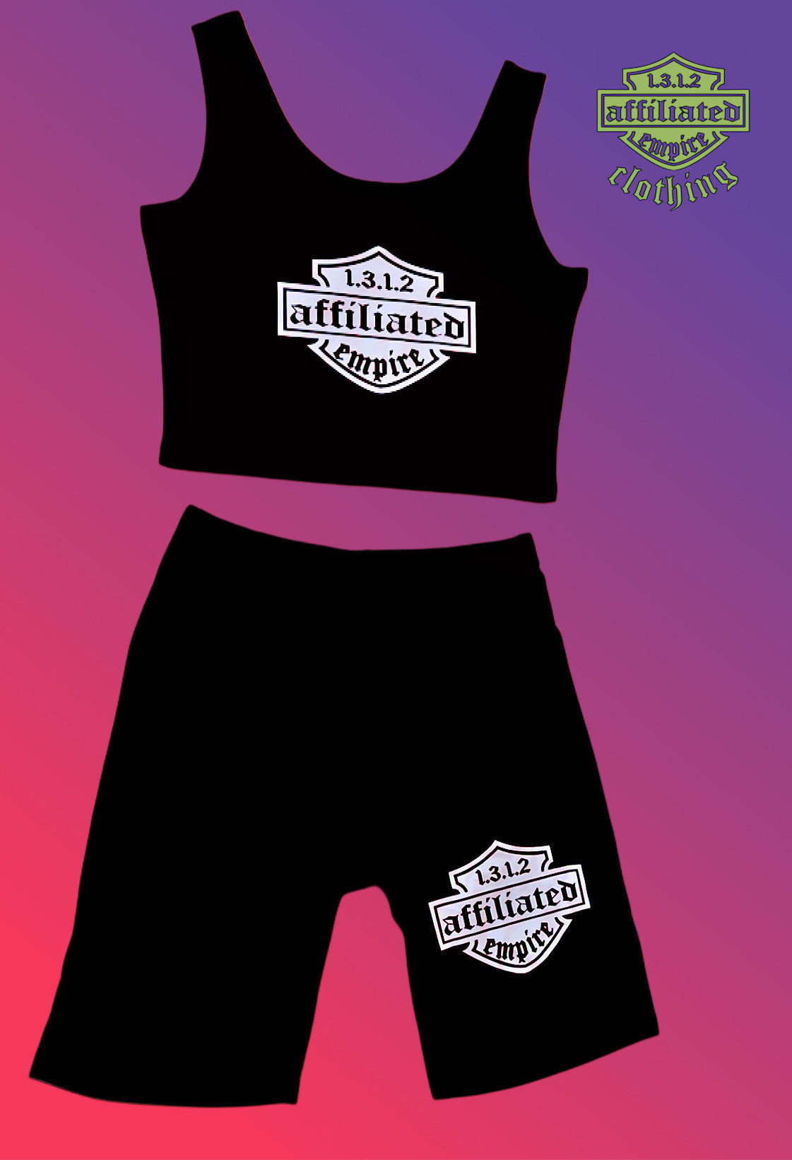 Affiliated 1.3.1.2 logo women’s tank top/crop and gym biker shorts