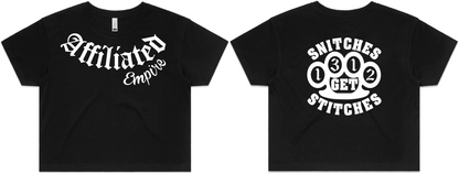 women’s “Snitches get stitches” crop top