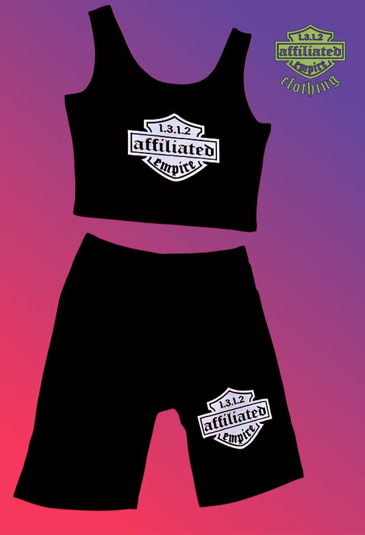 Affiliated 1.3.1.2 logo women’s tank top/crop and gym biker shorts